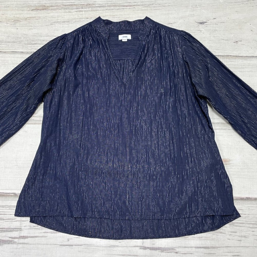 Closed Top Blouse Pullover Shirt Evelyn V-Neck Blue Metallic Silver Stripe Small